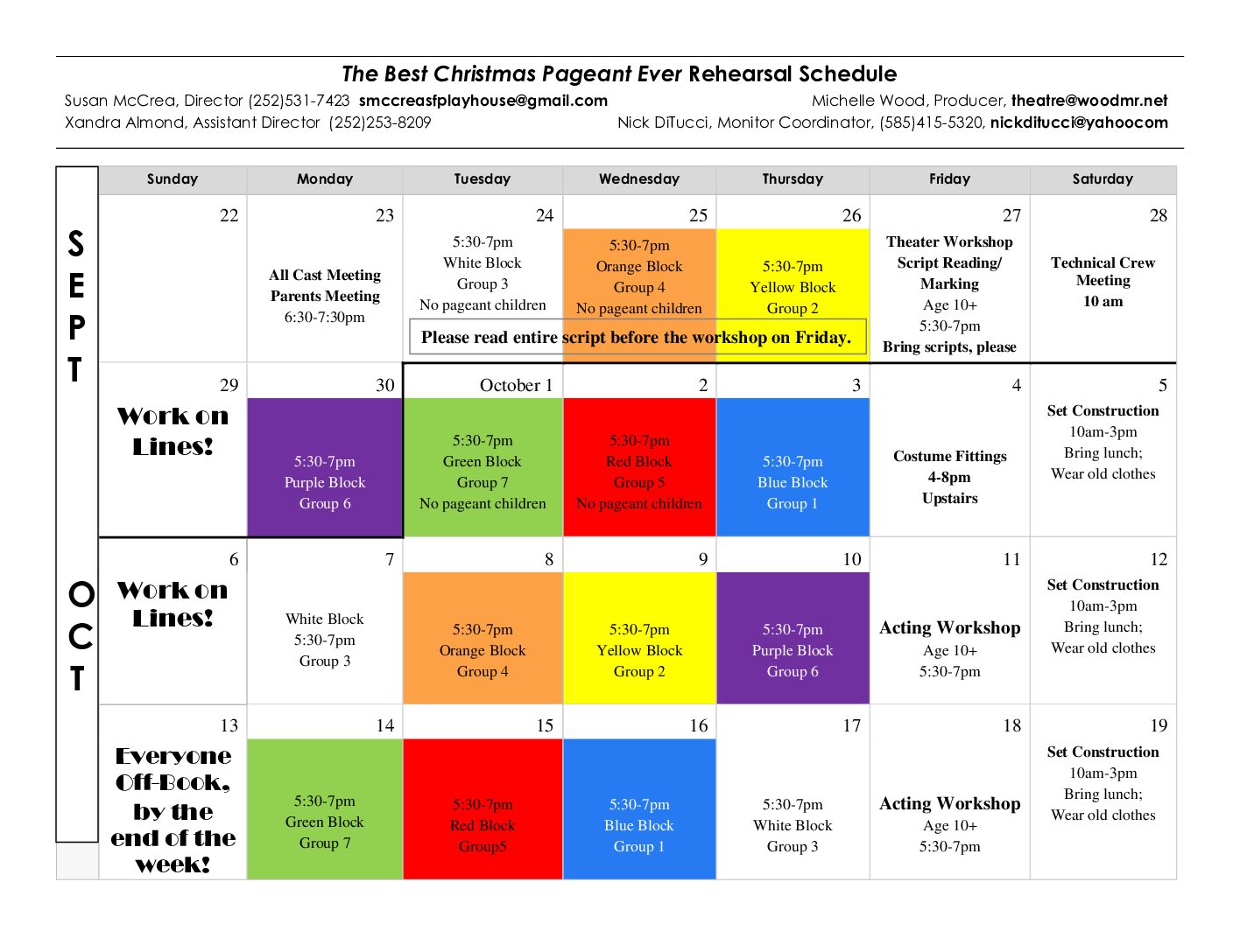 Rehearsal Schedule for “The Best Christmas Pageant Ever”